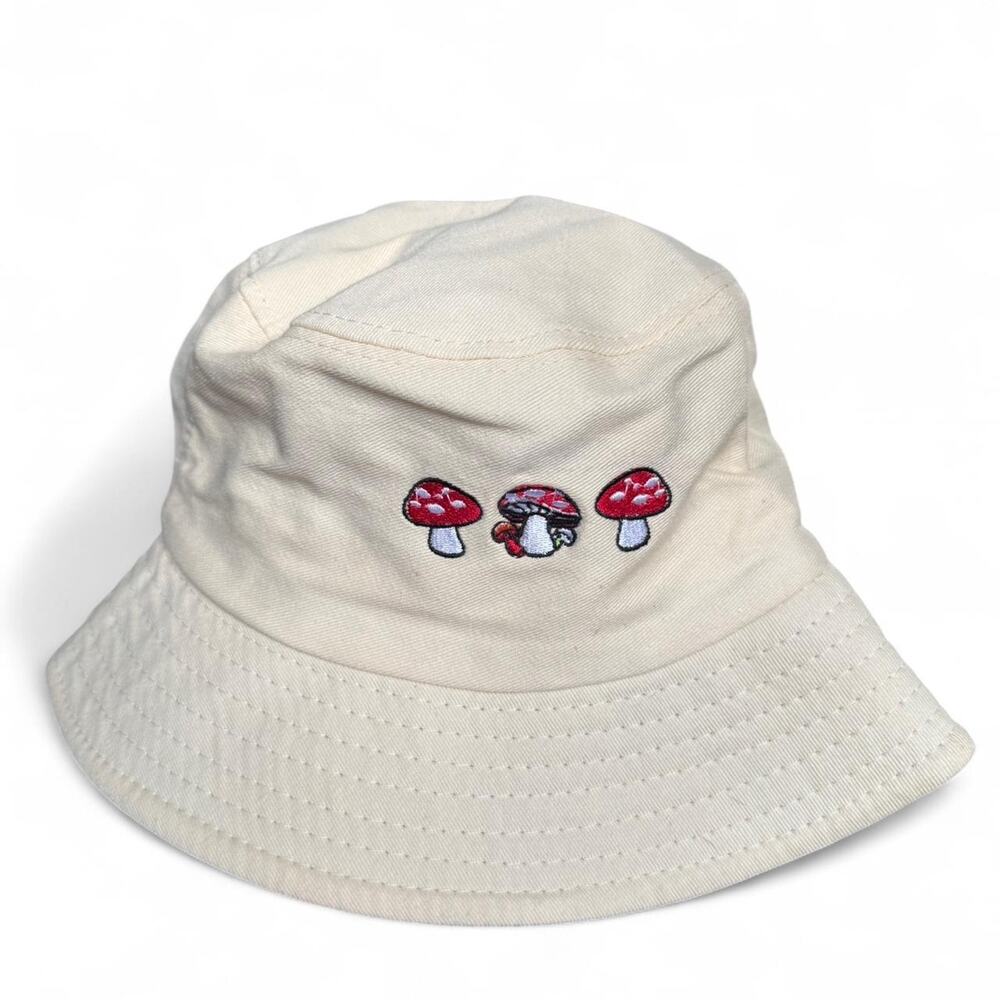 Cream Mushroom Embroidered Bucket Hat Unisex One Size Cotton